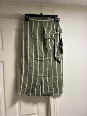 Zara Olive Green and White Striped Tie-Waist Midi Skirt